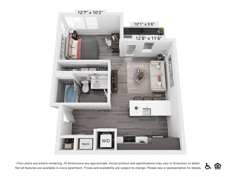 Floor plan for studio, 1 bath, 590 sqft